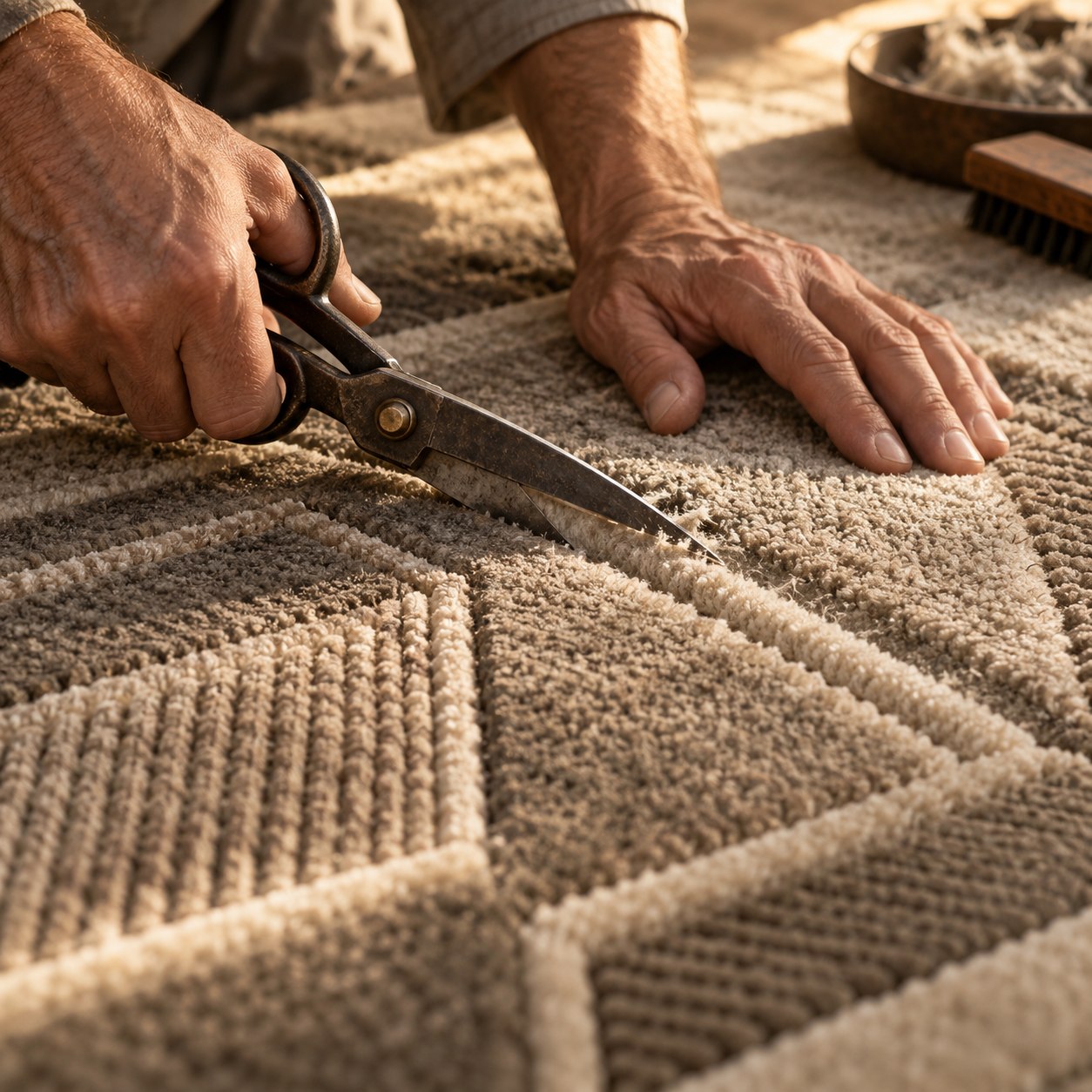 Hand-finishing the sculpted wool pile of a handmade rug